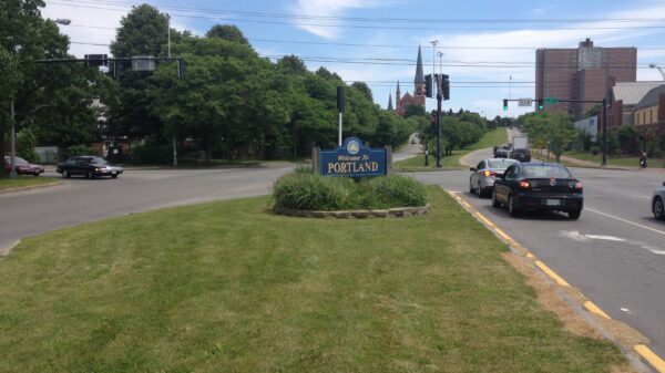 Street median with City of Portland sign