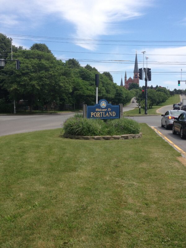 Street median with City of Portland sign