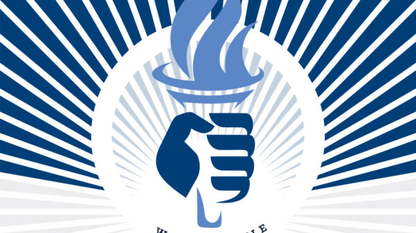 Annual dinner logo with blue hand holding torch