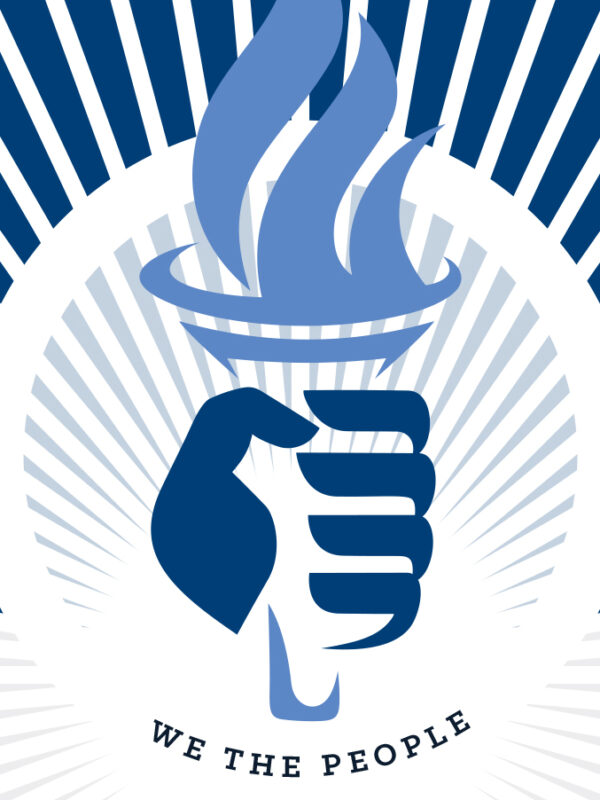 Annual dinner logo with blue hand holding torch