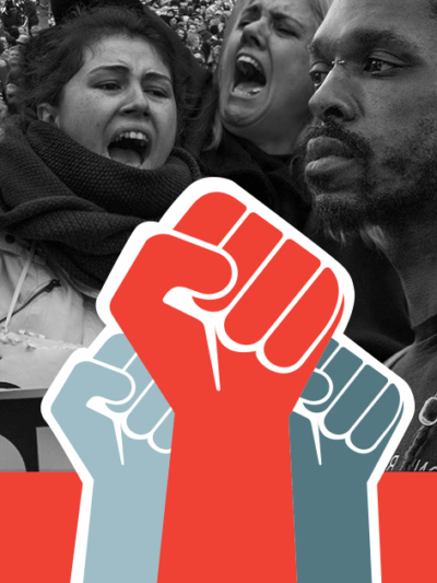 People Power image with black and white photo of marchers and red and gray firsts raised