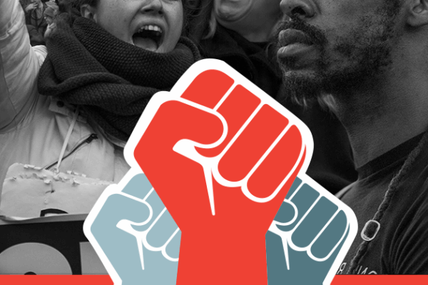 People Power image with black and white photo of marchers and red and gray firsts raised