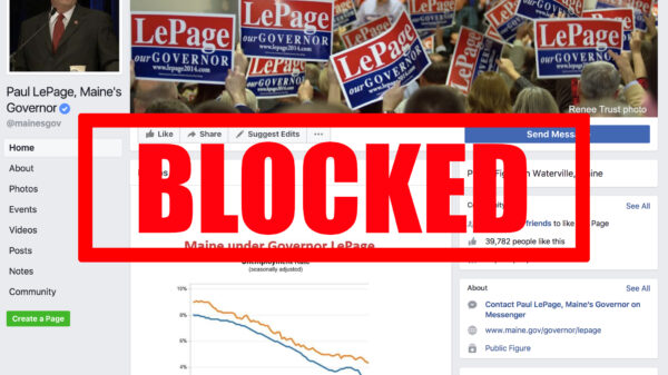 Image of Gov. Lepage's facebook with red "BLOCKED" stamp