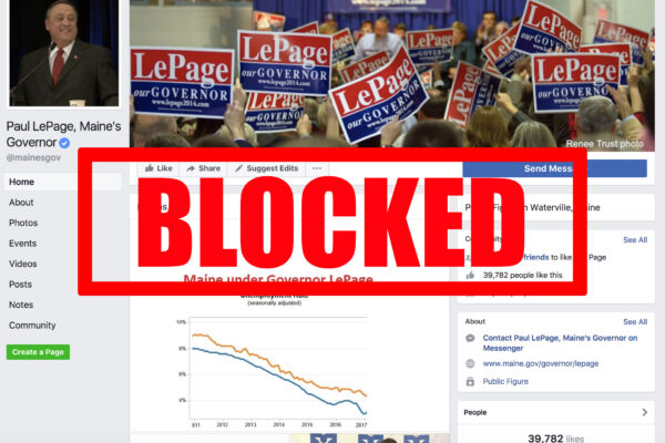 Image of Gov. Lepage's facebook with red "BLOCKED" stamp