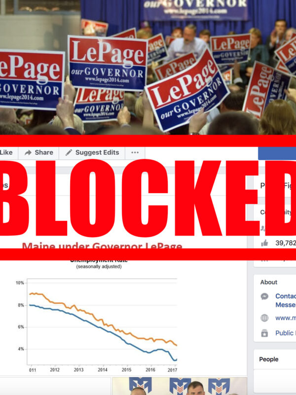 Image of Gov. Lepage's facebook with red "BLOCKED" stamp