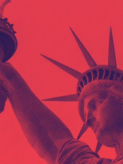 Liberty head and torch on red backrgound