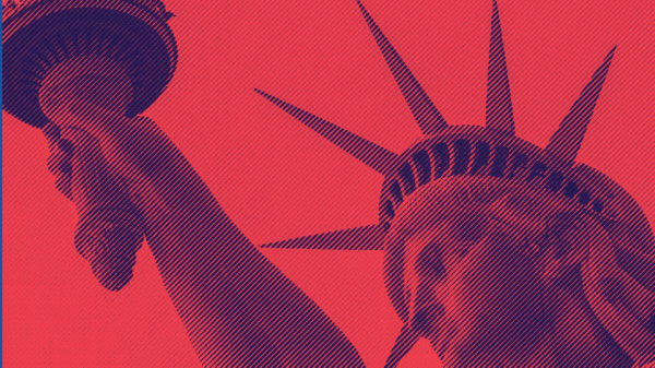 Liberty head and torch on red backrgound