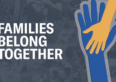 Families Belong Together logo with child's hand in adult's hand