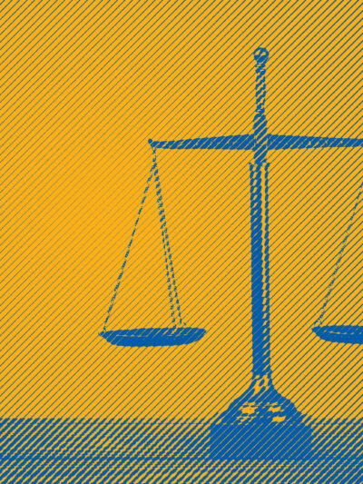 Blue scales of justice on yellow background