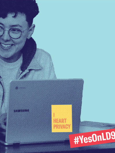 Person at computer with sticker that says "I Heart Privacy"; #YesOnLD946