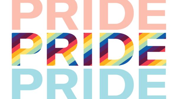 Pride in light pink, rainbow, and light blue font.