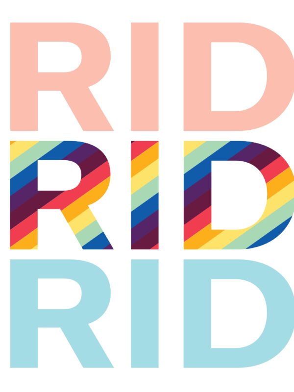 Pride in light pink, rainbow, and light blue font.