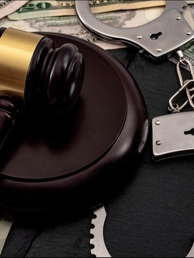 A gavel and a pair of handcuffs on a pile of money.