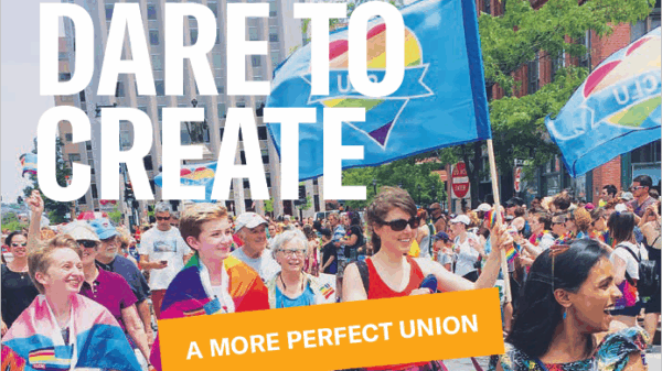 Cropped image of 2018 Annual report cover with people marching and carrying flags at the Portland Pride parade