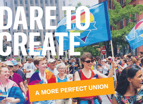 Cropped image of 2018 Annual report cover with people marching and carrying flags at the Portland Pride parade