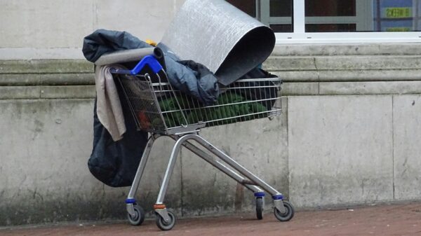 Shopping cart filled with the belongings of a homeless individual
