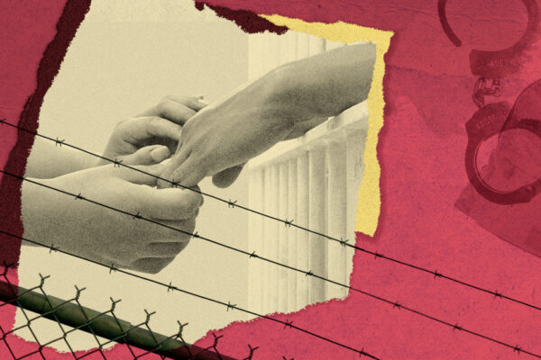 Two hands holding each other over red background with faint images of hand cuffs and a chain link fence with barbed wire