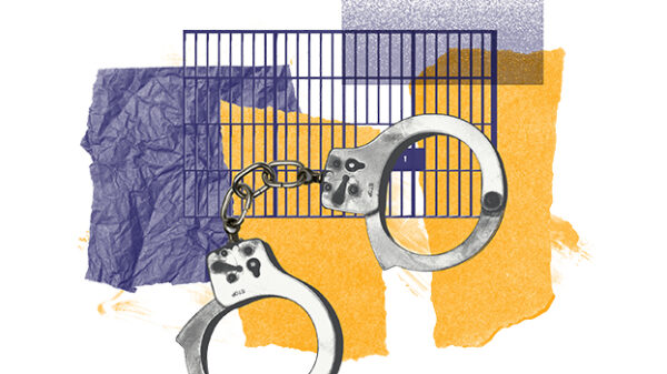 Images of handcuffs and prison bars overlaying purple and yellow shapes with the texture of wrinkled paper.