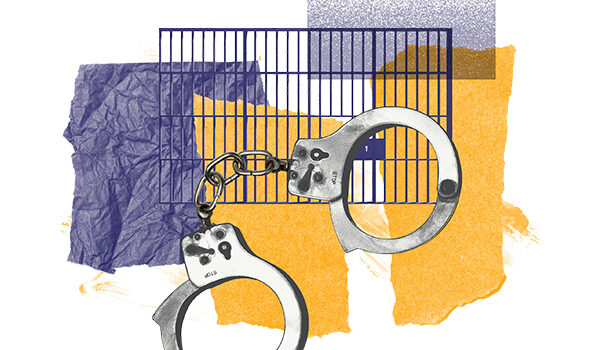 Images of handcuffs and prison bars overlaying purple and yellow shapes with the texture of wrinkled paper.