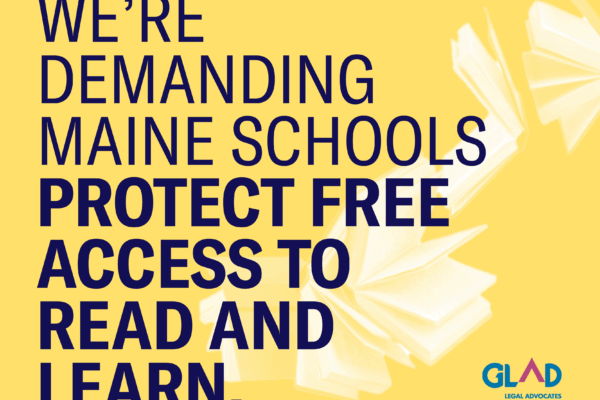 Yellow background with dark blue letters reading "We're demanding Maine schools protect free access to read and learn."