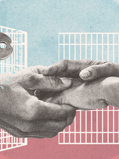 Red and blue background with people holding hands