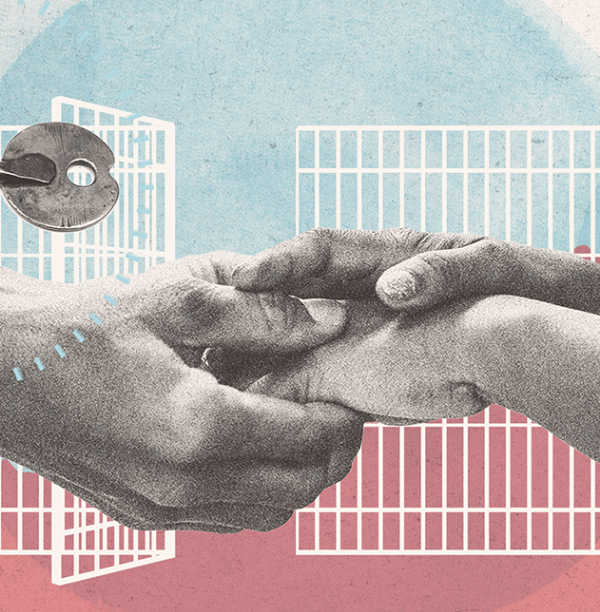 Red and blue background with people holding hands