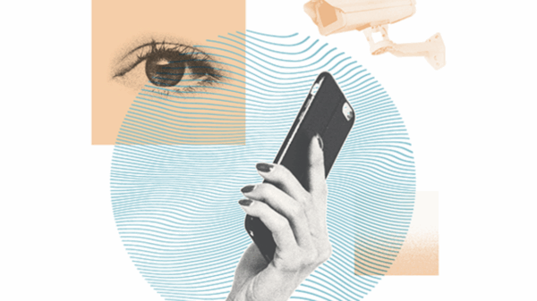 Blue and orange background with a phone, eye, and security camera