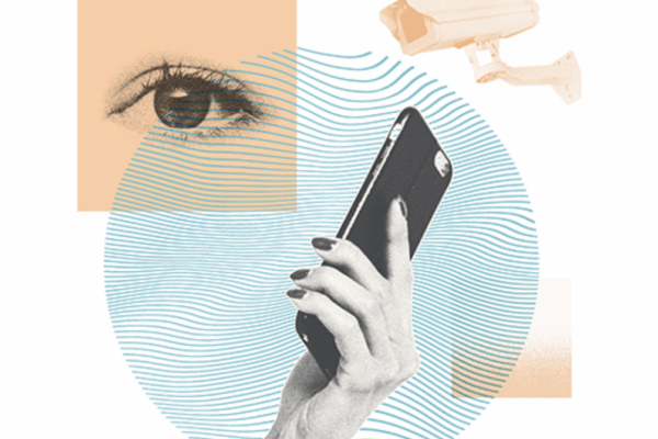 Blue and orange background with a phone, eye, and security camera