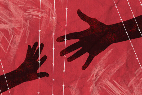 Red background with hands reaching for each other and barbed wire overlay.