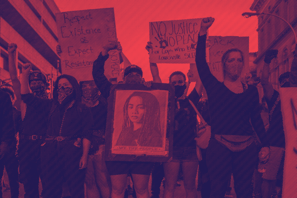 People holding protest signs and raised fists with blue and red duotone treatment