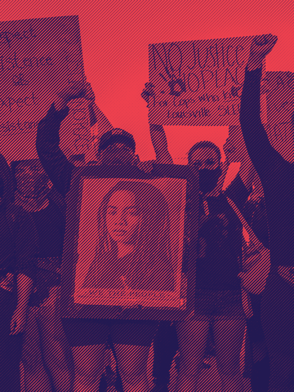 People holding protest signs and raised fists with blue and red duotone treatment