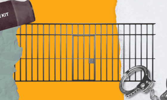 Yellow background with jail bars and handcuffs overlayed