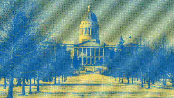 Maine State Capitol Building in Snow with Engraving