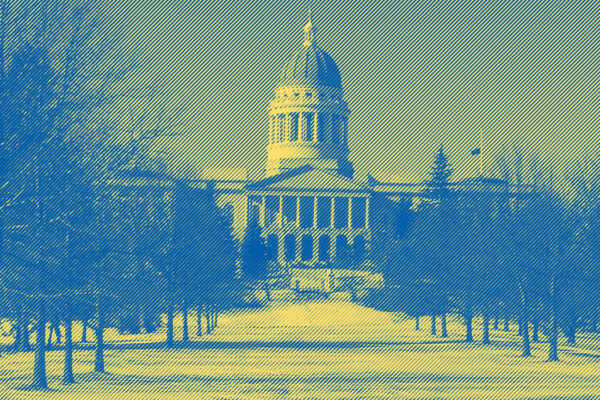 Maine State Capitol building in snow with yellow and blue engraving effect
