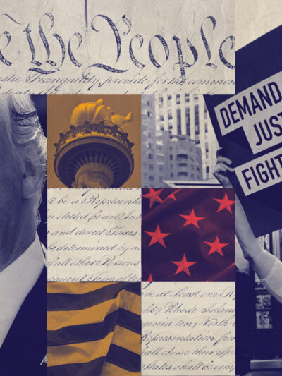 A graphic featuring Trump and imagery pertaining to the criminal legal system.