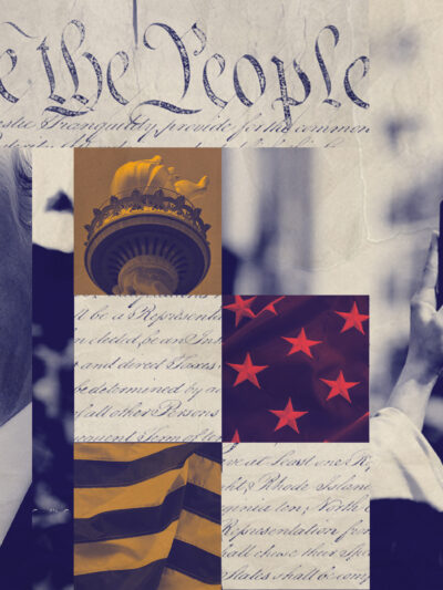 A graphic featuring Trump and imagery pertaining to surveillance and first amendment rights.