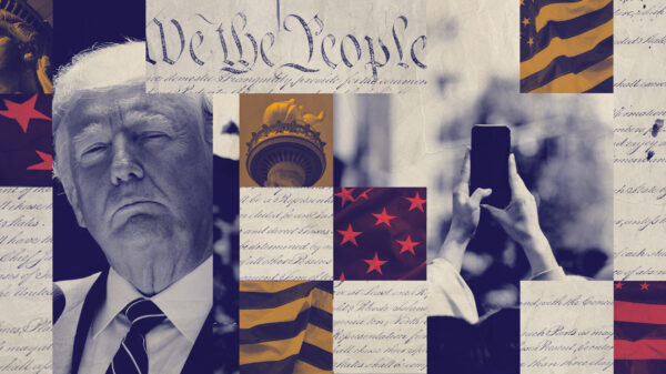 A graphic featuring Trump and imagery pertaining to surveillance and first amendment rights.