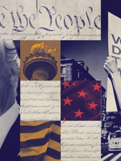 A graphic featuring Trump and imagery pertaining to voting rights.