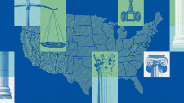 A graphic that includes a map of the United States and justice-related imagery.