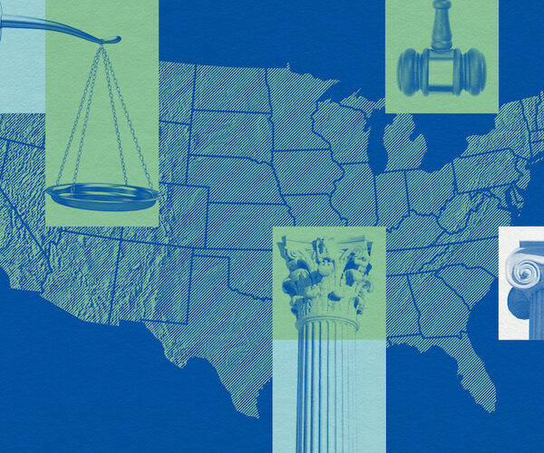 A graphic that includes a map of the United States and justice-related imagery.