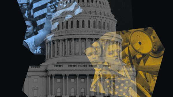 Cutouts of images of protests and the Capitol.