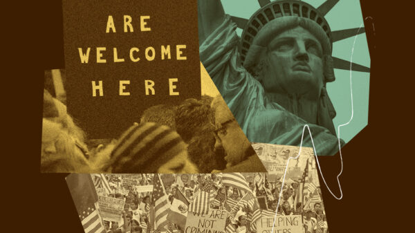Multicultural protest collage with the Statue of Liberty and a message reading Immigrants are welcome here.