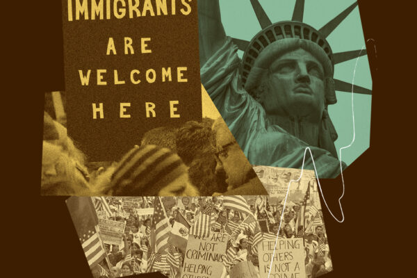 Multicultural protest collage with the Statue of Liberty and a message reading Immigrants are welcome here.