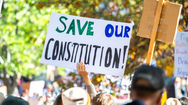 Person holding protest sign reading "SAVE OUR CONSTITUTION!"