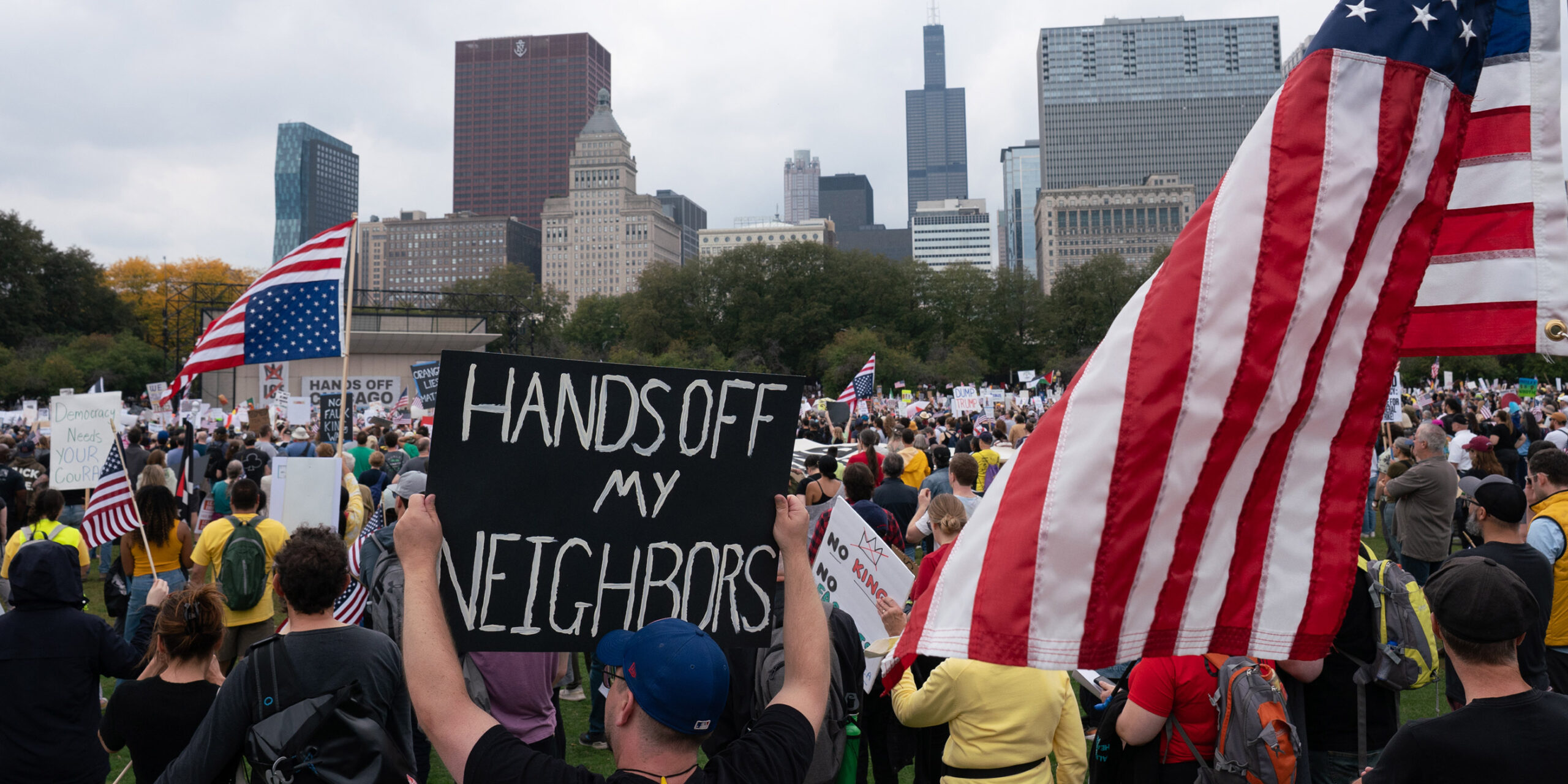 People gather in Chicago to join the nationwide wave of "No Kings" protests taking place on October 18.