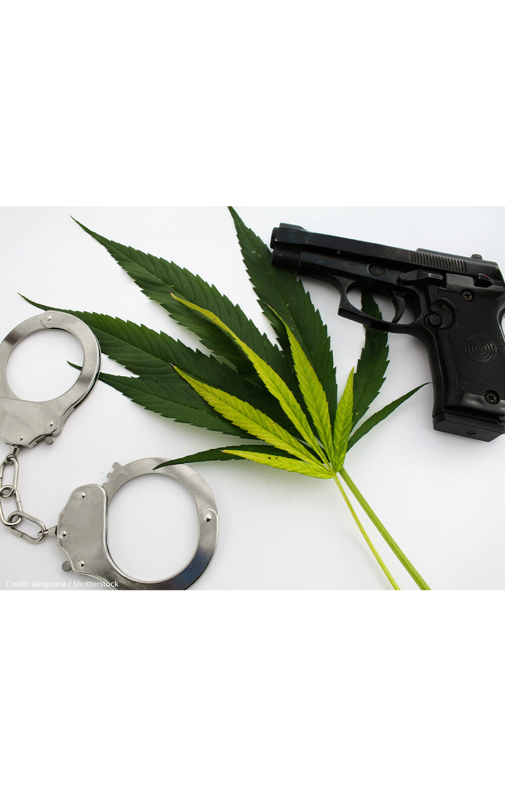 Handcuffs and a handgun next to cannabis leaves on a white background.