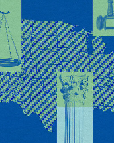 Map of U.S. with scales, a column, and a gavel overlayed.