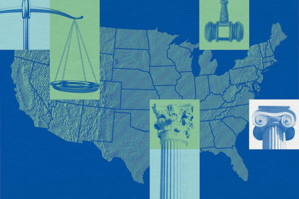 Map of U.S. with scales, a column, and a gavel overlayed.