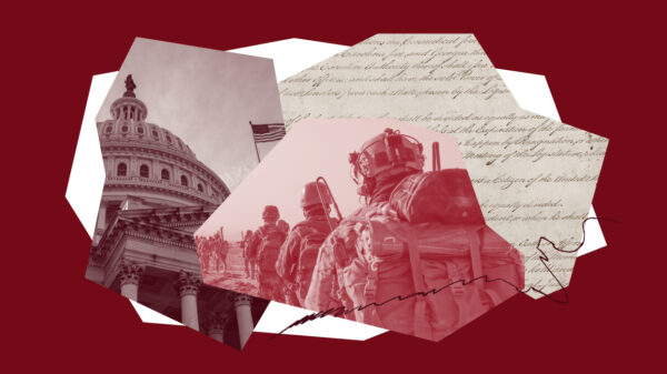 Collage of army men, capitol building, and constitution