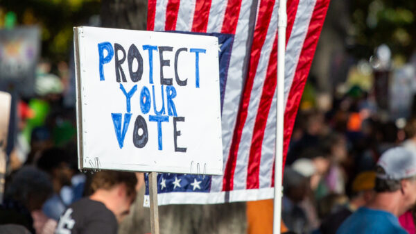 Person holding protest sign reading "protect your vote."